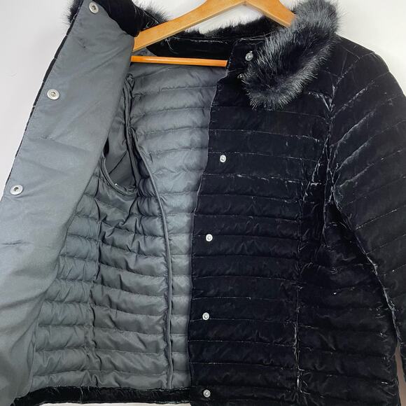 Talbots Black Velvet Down Quilted Puffer Jacket Coat Faux Fur Collar 16P 16 P - Picture 11 of 17